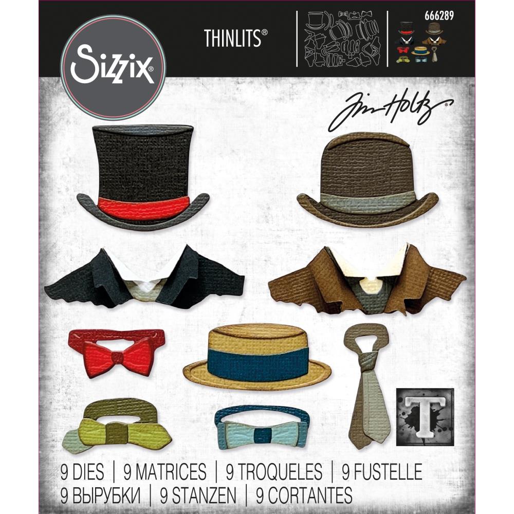 Tailored ... Thinlits - Die Cutting Templates by Tim Holtz and Sizzix (no. 666289). Dress up your papercraft people, characters, paper dolls, crazy cats, birds, dogs, everyone, in style with this wonderful collection of hats, bow ties, collars and neck tie.