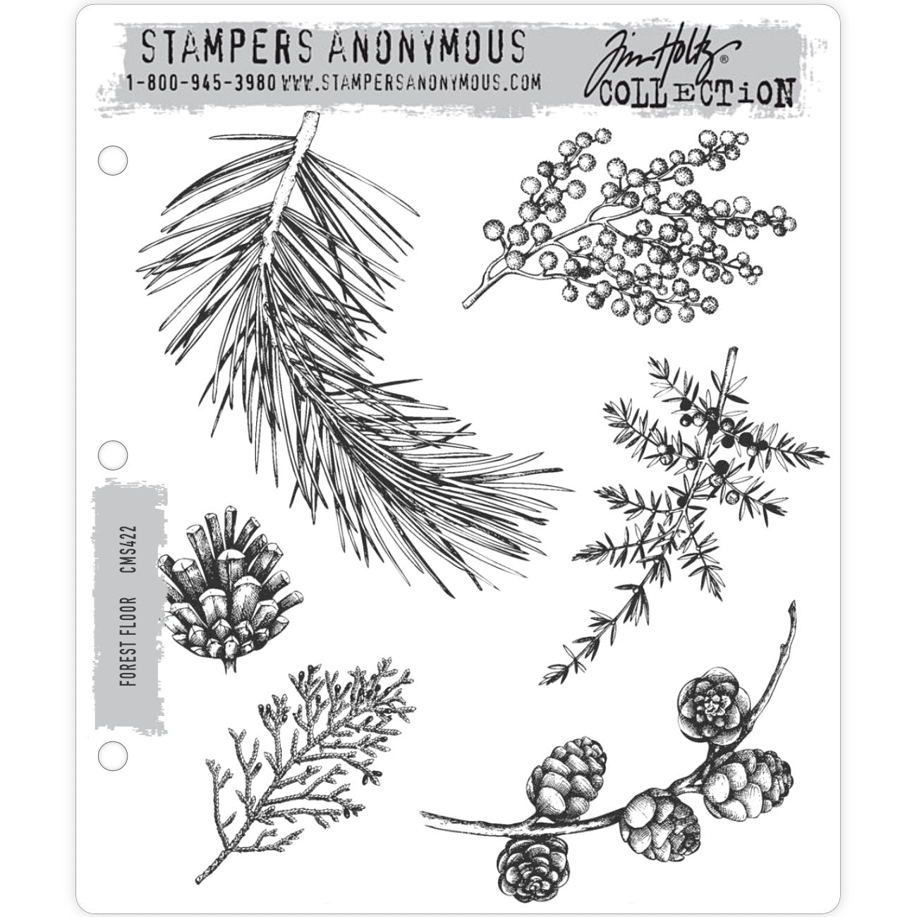 Forest Floor ... rubber stamps by Tim Holtz and Stampers Anonymous (CMS422). 6 (six) designs featuring leaves, pinecones and pine tree foliage. A wonderful set of Christmas stamps with six different leaves, pinecones and branches. Perfect for cards, scrapbooking, stamping into backgrounds or creating a featured element for furry or feathered friends to perch or hang off of. Sizes (approx) : Largest pine branch is 3 15/16" x 4 5/16", single pinecone is 1 3/8" x 1 1/2". 