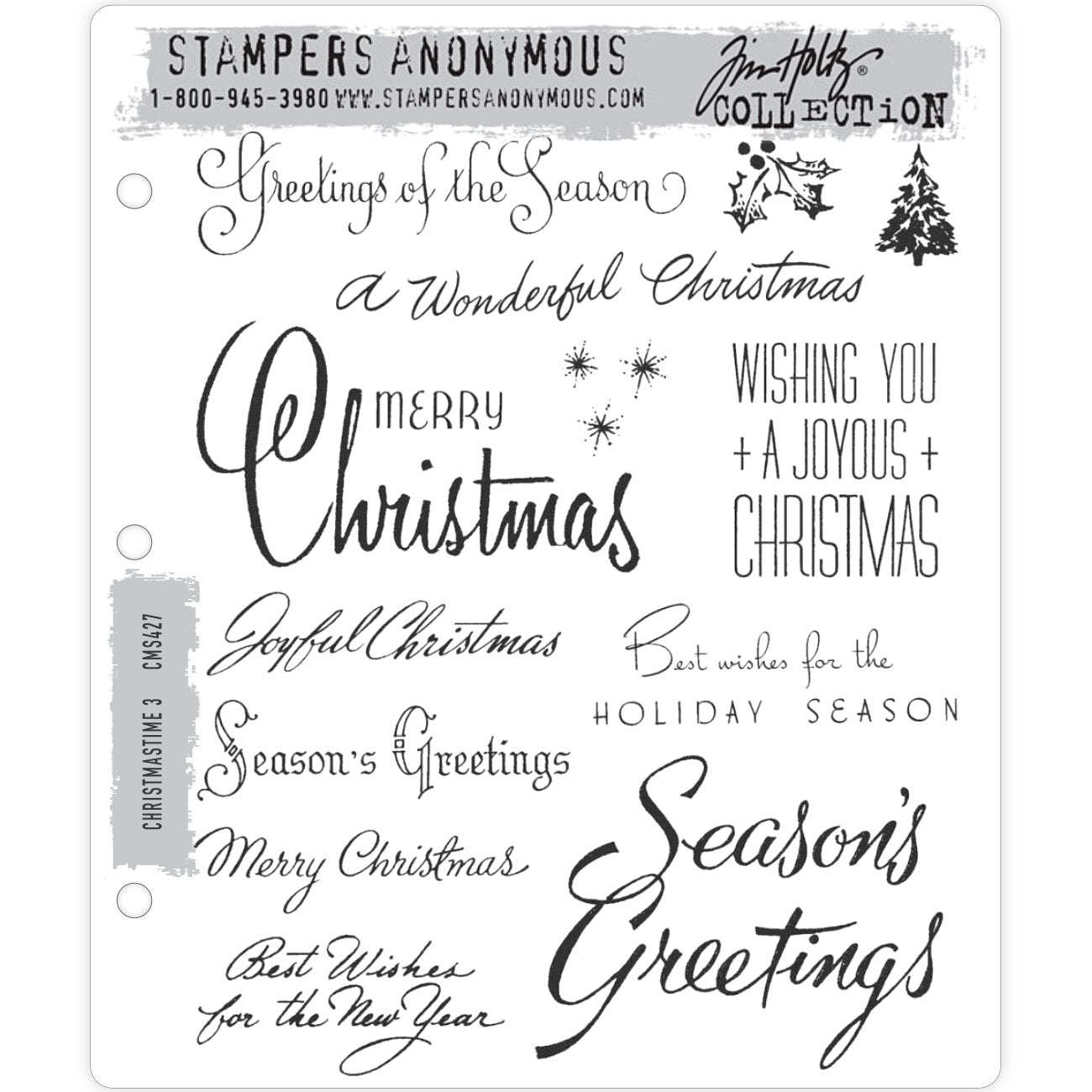 Christmastime 3 (set no.3) ... by Tim Holtz and Stampers Anonymous (cms427). 12 (twelve) Christmas inspired red rubber stamps for celebrating and creating cards, tags, mixed media, journaling, visual arts and papercrafts. A wonderful seasonal collection of different ways to tell loved ones to have a joyous, love filled peaceful Christmas. This set also includes a sprig of holly, small tree and stars, perfect to add to envelopes or anywhere else.