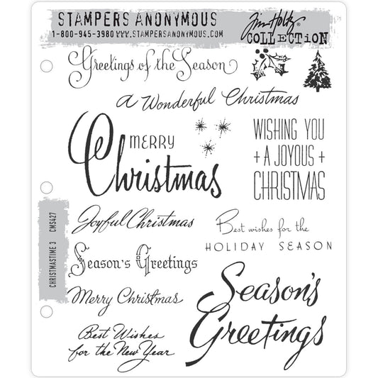 Christmastime 3 (set no.3) ... by Tim Holtz and Stampers Anonymous (cms427). 12 (twelve) Christmas inspired red rubber stamps for celebrating and creating cards, tags, mixed media, journaling, visual arts and papercrafts.   A wonderful seasonal collection of different ways to tell loved ones to have a joyous, love filled peaceful Christmas. This set also includes a sprig of holly, small tree and stars, perfect to add to envelopes or anywhere else.