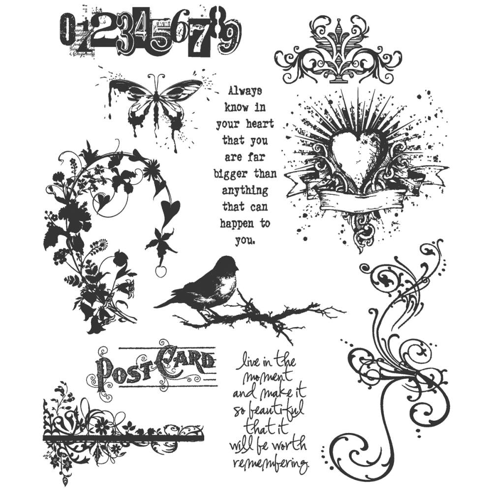 Urban Chic ... red rubber stamps by Tim Holtz and Stampers Anonymous (CMS086) for mixed media, scrapbooking, papercrafts of all the fun kinds! 11 (eleven) designs.
A beautiful versatile collection of images by Tim Holtz. Designs include graffiti style numbers (at the top), flourishes and swirls, thoughtful quotes, postcard label, beautiful divider or ledge, a heart with a burst of shine behind it, bird on a branch, and an inky butterfly. 11 stamps in total.