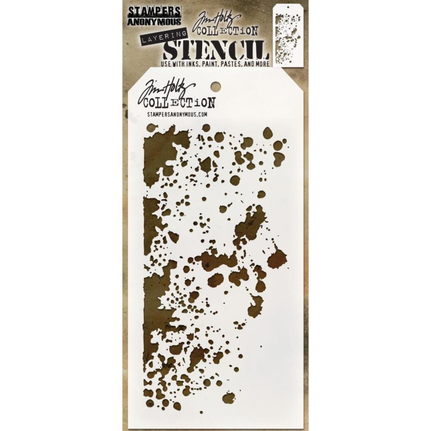 Grime ... Stencil by Tim Holtz (THS130).   Add splatters and splashes to your artwork using this fantastic design. Will also be great for adding texture to backgrounds, scenery and landscapes!  Create layers of colour and texture using this stencil with a wide variety of art supplies - paints, pastels, markers, pencils, gesso, texture paste, mediums and other art and craft materials. Stencil size: 4" x 8 1/2".