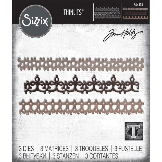 Crochet (set 2) Thinlits Die Cutting Templates by Tim Holtz and Sizzix (no.664413). No need to crochet your paper edging anymore... this set of 3 (three) templates will do the work for you. With 3 intricately designed strips, you can add the look of crochet to all your crafty projects. At closer inspection, it looks more like tatting or bobbin lace work. Whatever you call them, they're so pretty!
