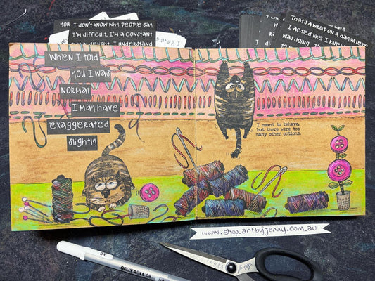 Merry Christmas from all of us here at Art by Jenny! Image shows my art journal page created using Tim Holtz Snarky Cats with Dylusions Sew Easy Stamps.