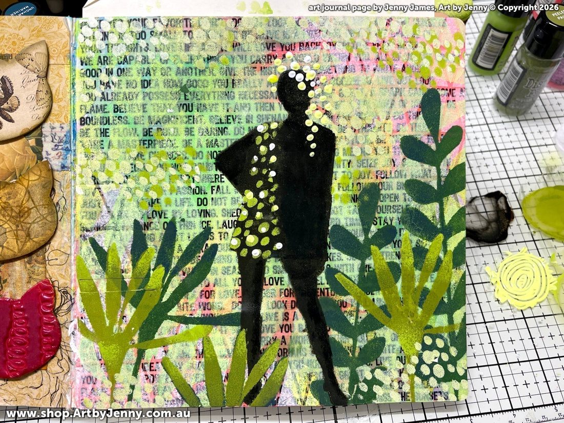 Overview of mixed media artwork in Dylusions Ledger Journal with theme of self care, art therapy, flowers, love and kindness. Created by Jenny James, Art by Jenny.