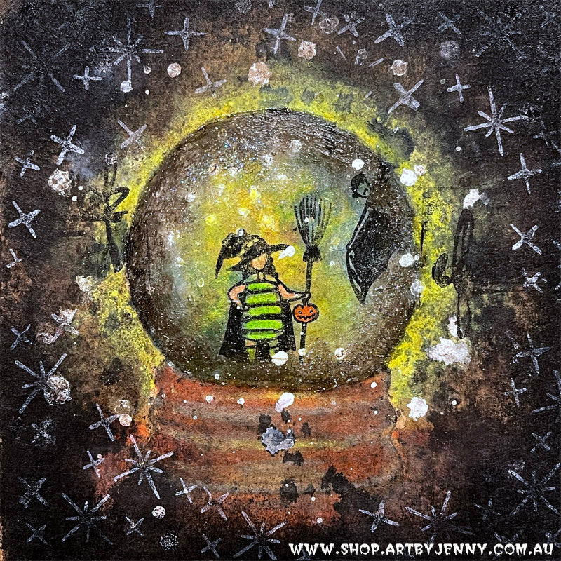 stamping and stenciling by Jenny James using Darkroom Door and Tim Holtz cling rubber stamps, glow in the dark texture paste, paints and starry stencils.