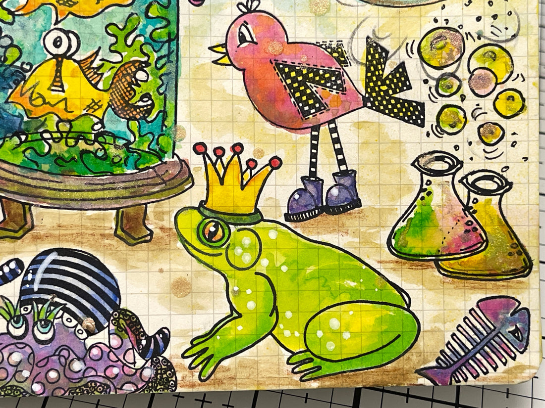 A colourful fun scene in of animal and bird friends around an aquarium. Made using Dyan Reaveley rubber stamps with handmade masks and watercolour pencils and inks.