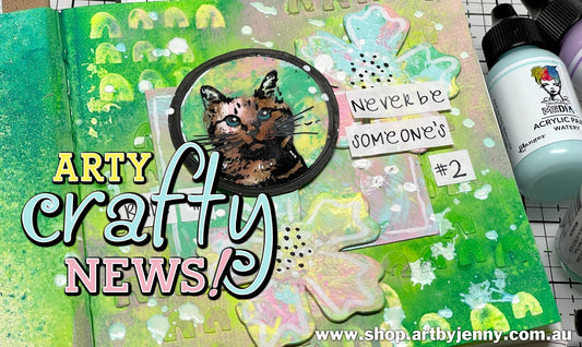 small 6x6 art journal page showing Dina Wakley's paints and Furbabies cat on Dura-Lar, Sizzix stencils, Dyan Reaveley's Dylusions Dyamond Board Flowers.