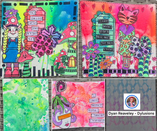 Artwork by Dyan Reaveley of Dylusions showing the ultra bright cocktail colours of Dylusions Ink