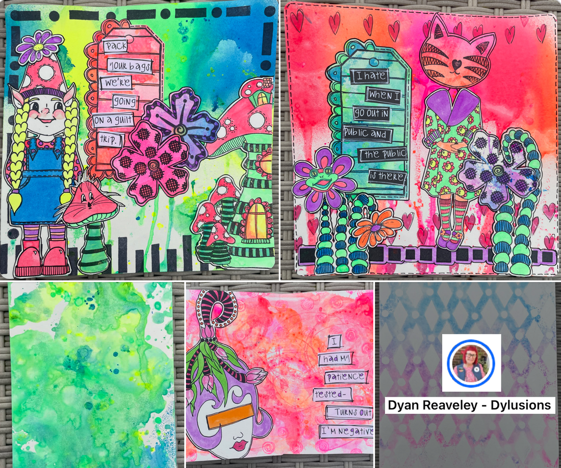 Artwork by Dyan Reaveley of Dylusions showing the ultra bright cocktail colours of Dylusions Ink