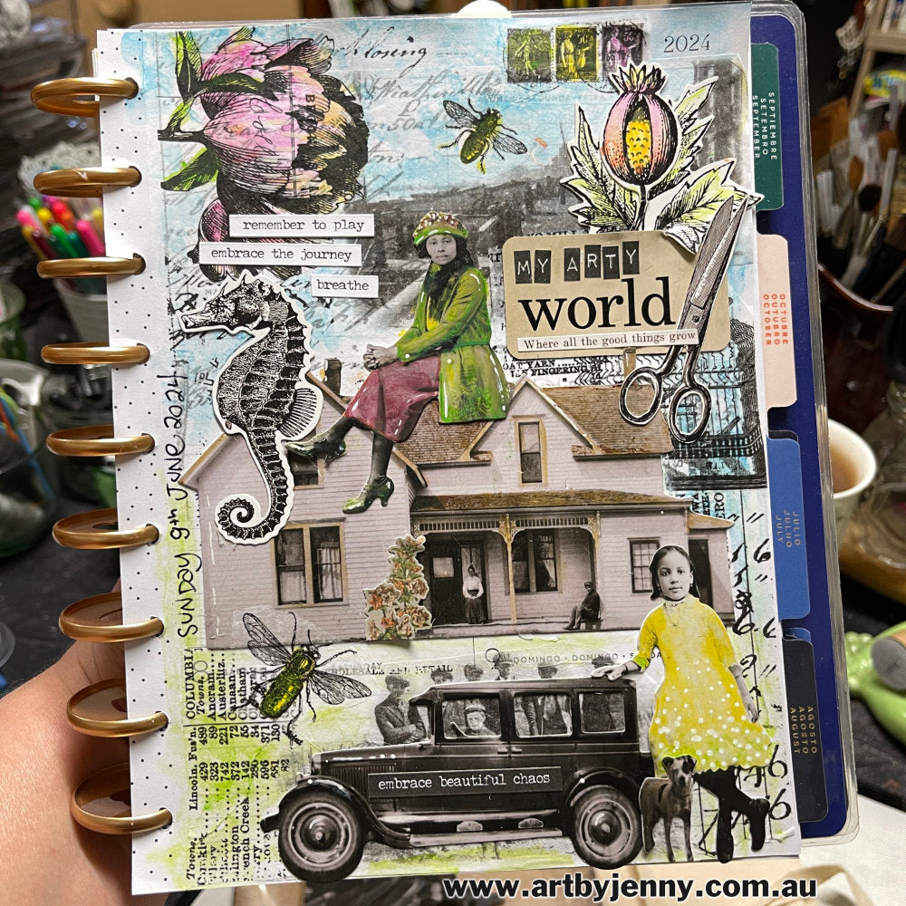 Happy Planner Journal Page for June 2024 - using Tim Holtz Idea-Ology Paper Dolls Poses and Engravings, Dylusions glue Stick, Recoil Scissors, Derwent InkTense Pencils and other arty treasures.