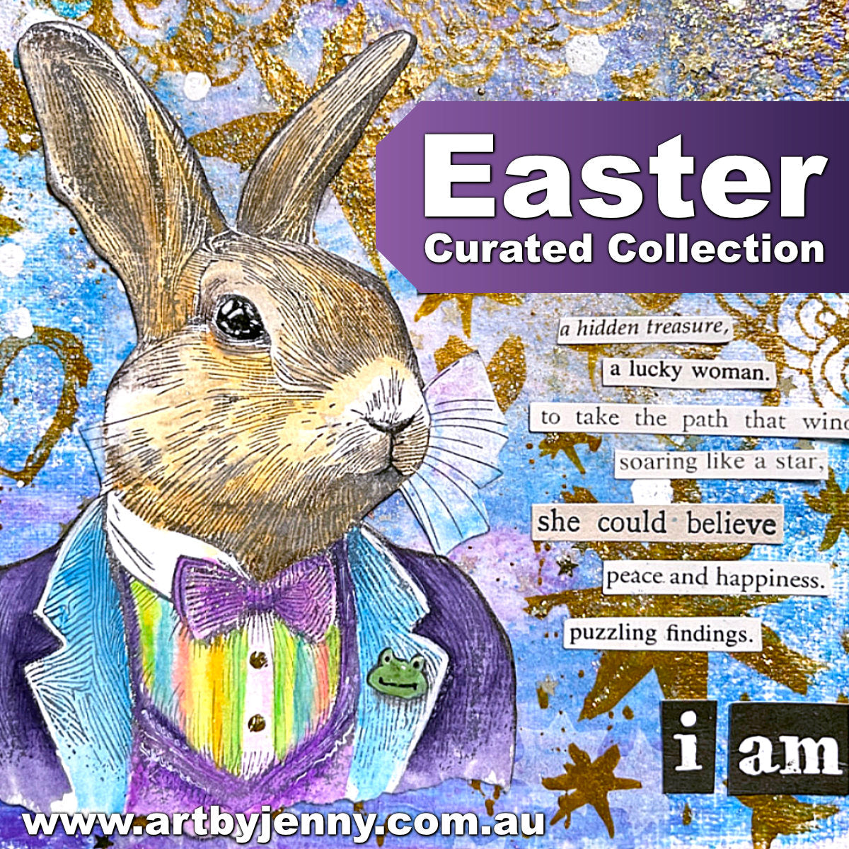 Tim Holtz stamp design created in purples and blues, with banner for Easter Curated Collections - Art by Jenny journal page.