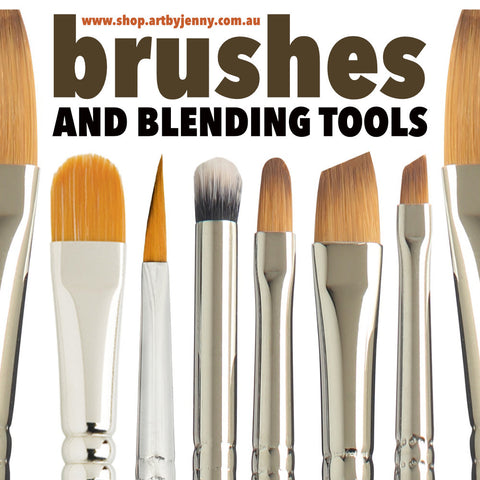 brushes, blenders, foams, spatulas, ink blending tools at Art by Jenny showing an image of the tools in use.