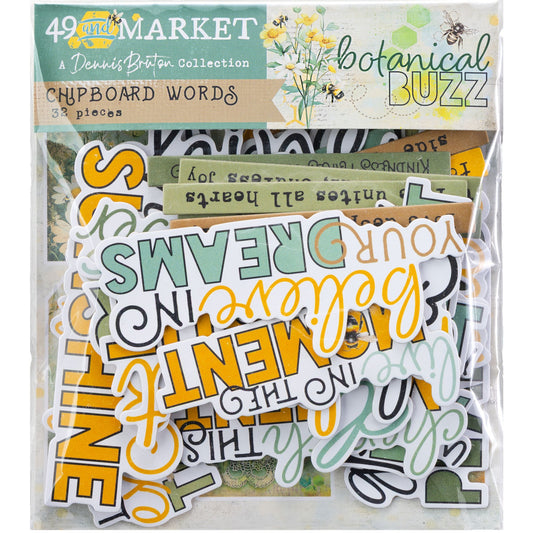 Botanical Buzz - Chipboard Words ... by 49 and Market. Single sided printed die cut into shapes with loving, mindful, thought provoking, heartfelt phrases in various typographical colourful styles, each made of 1mm thick compressed cardstock. 32 (thirty two) assorted pieces. This enchanting collection of words, phrases and thoughts are made of a singled sided smooth matte chipboard. Each piece is precut and ready to use for scrapbooking, art and junk journaling, cardmaking, visual papercrafts. DBB32413