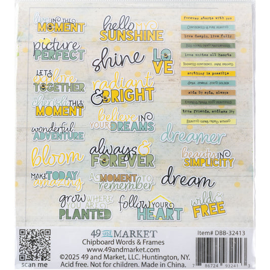 Botanical Buzz - Chipboard Words ... by 49 and Market. Single sided printed die cut into shapes with loving, mindful, thought provoking, heartfelt phrases in various typographical colourful styles, each made of 1mm thick compressed cardstock. 32 (thirty two) assorted pieces. This enchanting collection of words, phrases and thoughts are made of a singled sided smooth matte chipboard. Each piece is precut and ready to use for scrapbooking, art and junk journaling, cardmaking, visual papercrafts. DBB32413