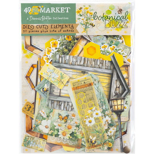 Botanical Buzz - Die Cut Elements ... by 49 and Market. Single sided printed ephemera paper die cut into shapes of gorgeous honeybee related designs including bees, honeycomb, daisies, frames, tags, lamp posts, outhouse (timber garden or potting shed), flowers, hexagons and much more. 50 (fifty) assorted pieces. DBB32406 Photo of the pack including contents. Designed by Dennis Bruton for 49 and Market.