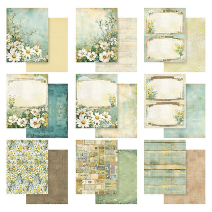 Botanical Buzz - Paper Collection, 6"x8" ... by 49 and Market. Double sided printed paper sheets with gorgeous honeybee and daisy related designs. Matte smooth finish, 6 inch x 8 inch (15.2cm x 20.3cm), 27 (twenty seven) sheets (3 of each design) plus the cover sheet.This enchanting collection of beautiful paper is perfect for scrapbooking, art and junk journaling, cardmaking, visual papercrafts. DBB32253. Photo of the designs.