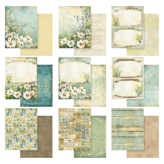 Botanical Buzz - Paper Collection, 6"x8" ... by 49 and Market. Double sided printed paper sheets with gorgeous honeybee and daisy related designs. Matte smooth finish, 6 inch x 8 inch (15.2cm x 20.3cm), 27 (twenty seven) sheets (3 of each design) plus the cover sheet.This enchanting collection of beautiful paper is perfect for scrapbooking, art and junk journaling, cardmaking, visual papercrafts. DBB32253. Photo of the designs.