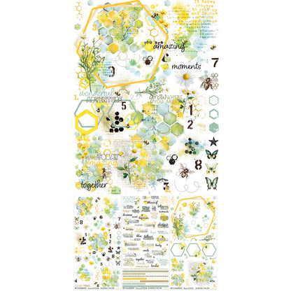 Botanical Buzz - Rub On Transfers ... by 49 and Market. An abundance of gorgeous honeybee related designs including bees, honeycomb, daisies, frames, words, thoughts, flowers, hexagon patterns, in colours of yellows, aqua and green. Example of how to overlay designs with miniature overview of the sheets underneath. Add the beautifully styled hexagon framed configurations, flowers, bumblebees and more to add natural elements and inspirational phrases to your papercraft and mixed media projects.