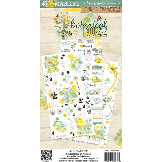Botanical Buzz - Rub On Transfers ... by 49 and Market. An abundance of gorgeous honeybee related designs including bees, honeycomb, daisies, frames, words, thoughts, flowers, hexagon patterns, in colours of yellows, aqua and green. 3 (three) sheets, one of each design. DBB32383 Botanical Buzz is designed by Dennis Bruton for Janene Meyerowitz's 49 and Market.