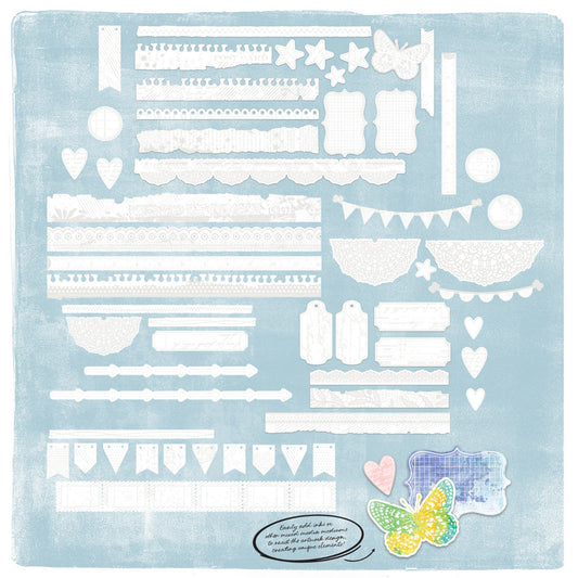 Borders - Irresistible Die Cut Shapes ... by Vicki Boutin with 49 and Market. White designs of lace, tickets, lines, dots and patterns printed on specialty cardstock in shapes of strips, torn edges, bunting, butterfly, tags, tabs, hearts, stars and more, to use with resist techniques for scrapbooking, art and junk journaling, card making and mixed media. 58 (fifty eight) pieces of assorted sizes, one of each design. VBI34288