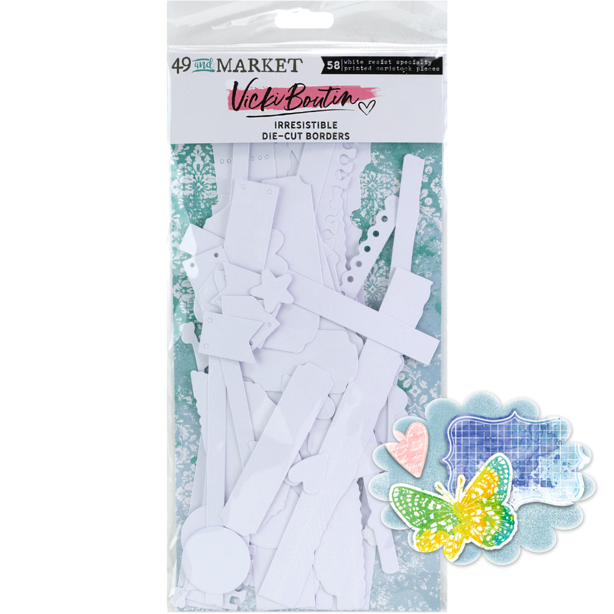 Borders - Irresistible Die Cut Shapes ... by Vicki Boutin with 49 and Market. White designs of lace, tickets, lines, dots and patterns printed on specialty cardstock in shapes of strips, torn edges, bunting, butterfly, tags, tabs, hearts, stars and more, to use with resist techniques for scrapbooking, art and junk journaling, card making and mixed media. 58 (fifty eight) pieces of assorted sizes, one of each design. VBI34288