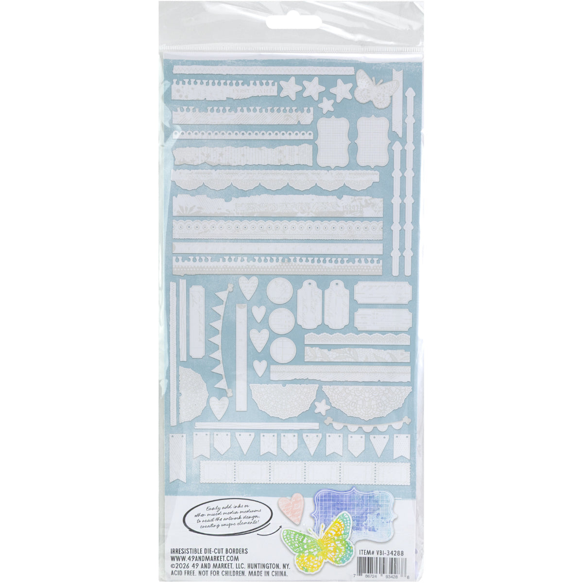 Borders - Irresistible Die Cut Shapes ... by Vicki Boutin with 49 and Market. White designs of lace, tickets, lines, dots and patterns printed on specialty cardstock in shapes of strips, torn edges, bunting, butterfly, tags, tabs, hearts, stars and more, to use with resist techniques for scrapbooking, art and junk journaling, card making and mixed media. 58 (fifty eight) pieces of assorted sizes, one of each design. VBI34288