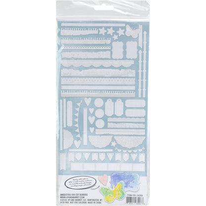 Borders - Irresistible Die Cut Shapes ... by Vicki Boutin with 49 and Market. White designs of lace, tickets, lines, dots and patterns printed on specialty cardstock in shapes of strips, torn edges, bunting, butterfly, tags, tabs, hearts, stars and more, to use with resist techniques for scrapbooking, art and junk journaling, card making and mixed media. 58 (fifty eight) pieces of assorted sizes, one of each design. VBI34288