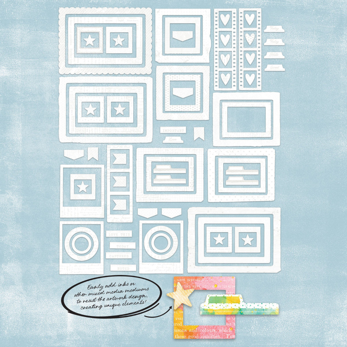 Frames - Irresistible Die Cut Shapes ... by Vicki Boutin with 49 and Market. White designs of text, lines, spots and patterns printed on specialty cardstock in shapes of tabs, frames and tags to use with resist techniques for scrapbooking, art and junk journaling, card making and mixed media. 72 (seventy two) pieces of assorted sizes, one of each design. Imagine matching your layerable embellishments to your creation, quickly and easily! Add colour with inks and paints to reveal the designs. VBI34295