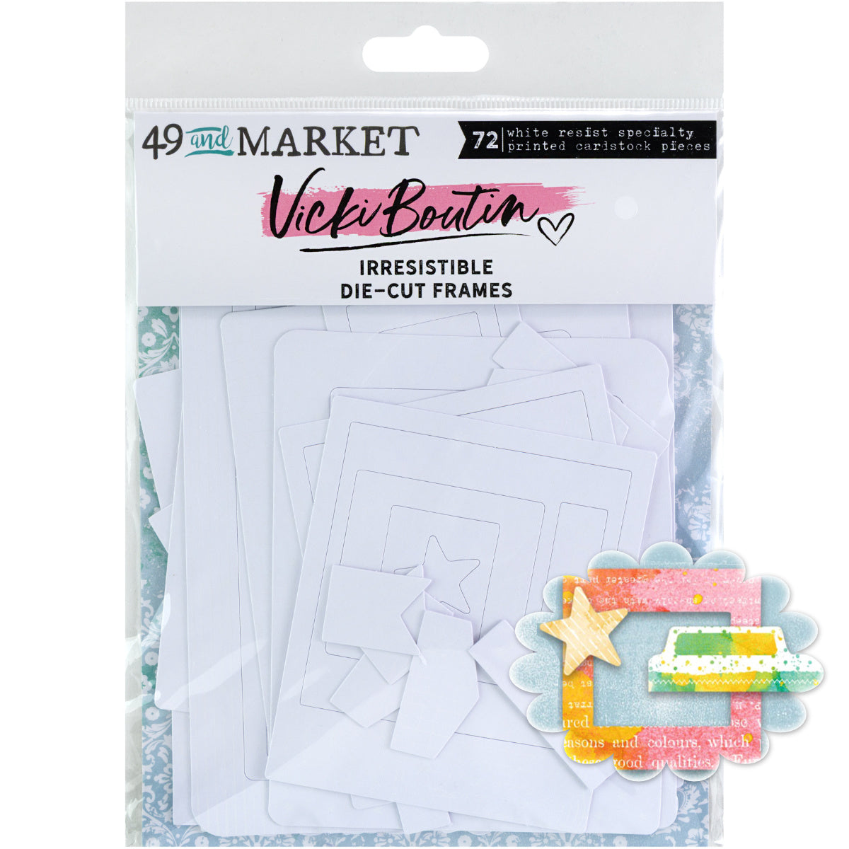 Frames - Irresistible Die Cut Shapes ... by Vicki Boutin with 49 and Market. White designs of text, lines, spots and patterns printed on specialty cardstock in shapes of tabs, frames and tags to use with resist techniques for scrapbooking, art and junk journaling, card making and mixed media. 72 (seventy two) pieces of assorted sizes, one of each design. Imagine matching your layerable embellishments to your creation, quickly and easily! Add colour with inks and paints to reveal the designs. VBI34295