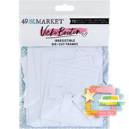 Frames - Irresistible Die Cut Shapes ... by Vicki Boutin with 49 and Market. White designs of text, lines, spots and patterns printed on specialty cardstock in shapes of tabs, frames and tags to use with resist techniques for scrapbooking, art and junk journaling, card making and mixed media. 72 (seventy two) pieces of assorted sizes, one of each design. Imagine matching your layerable embellishments to your creation, quickly and easily! Add colour with inks and paints to reveal the designs. VBI34295