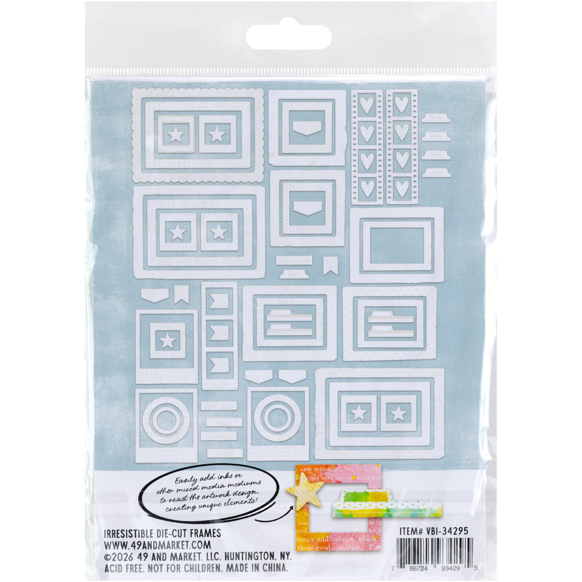 Frames - Irresistible Die Cut Shapes ... by Vicki Boutin with 49 and Market. White designs of text, lines, spots and patterns printed on specialty cardstock in shapes of tabs, frames and tags to use with resist techniques for scrapbooking, art and junk journaling, card making and mixed media. 72 (seventy two) pieces of assorted sizes, one of each design. Imagine matching your layerable embellishments to your creation, quickly and easily! Add colour with inks and paints to reveal the designs. VBI34295