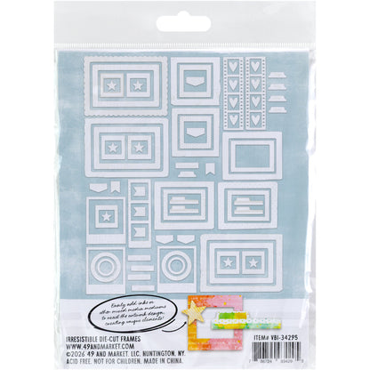 Frames - Irresistible Die Cut Shapes ... by Vicki Boutin with 49 and Market. White designs of text, lines, spots and patterns printed on specialty cardstock in shapes of tabs, frames and tags to use with resist techniques for scrapbooking, art and junk journaling, card making and mixed media. 72 (seventy two) pieces of assorted sizes, one of each design. Imagine matching your layerable embellishments to your creation, quickly and easily! Add colour with inks and paints to reveal the designs. VBI34295