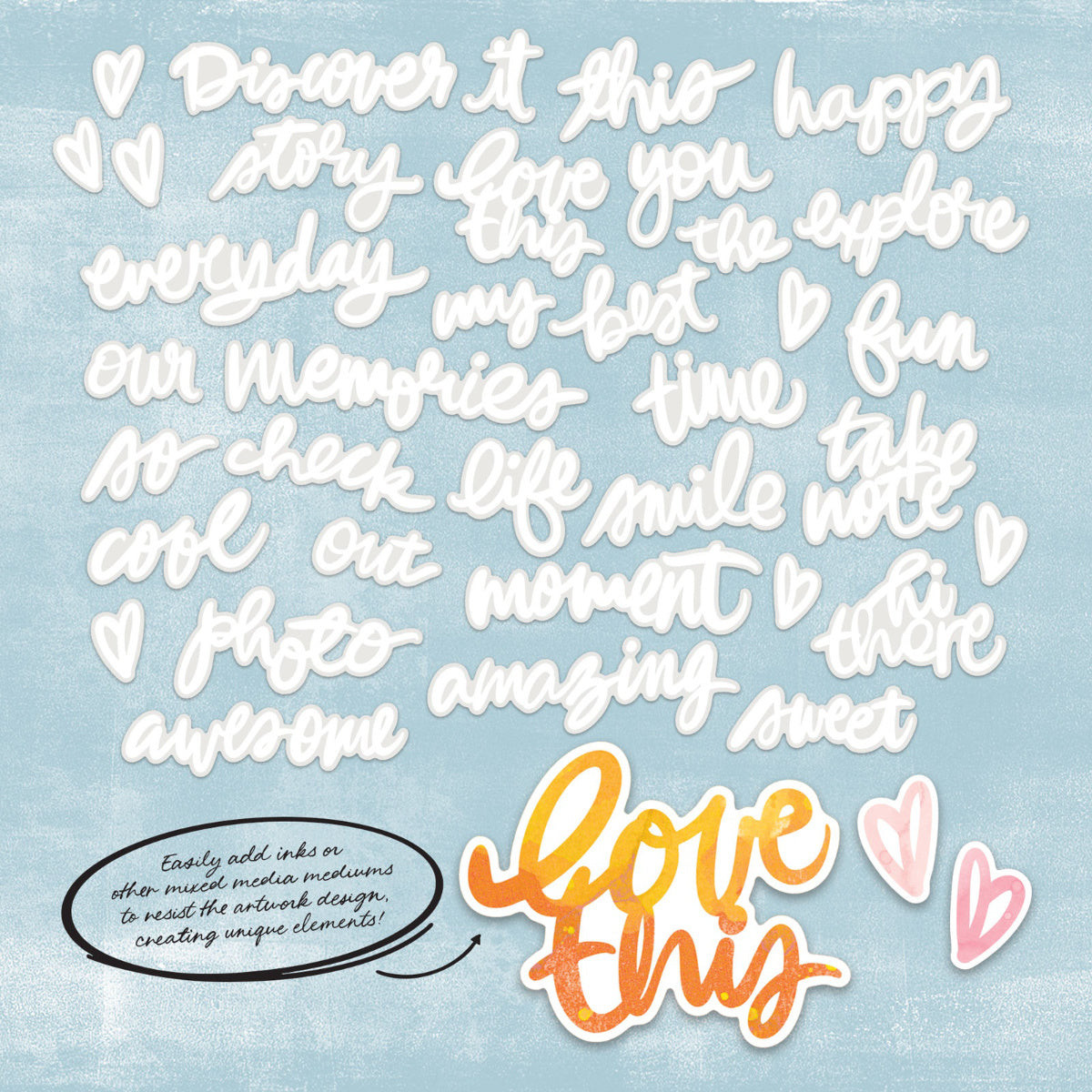 Chipboard Words - Irresistible Die Cut Shapes ... by Vicki Boutin with 49 and Market. White designs of words, phrases and hearts, printed on specialty chipboard pieces to use with resist techniques for scrapbooking, art and junk journaling, card making and mixed media. 36 (thirty six) pieces of assorted sizes, one of each design. Photo of the designs with an example in orange and pink . VBI34301