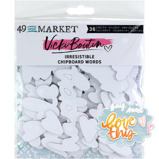 Chipboard Words - Irresistible Die Cut Shapes ... by Vicki Boutin with 49 and Market. White designs of words, phrases and hearts, printed on specialty chipboard pieces to use with resist techniques for scrapbooking, art and junk journaling, card making and mixed media. 36 (thirty six) pieces of assorted sizes, one of each design. Photo of the pack with an example in orange and pink. VBI34301