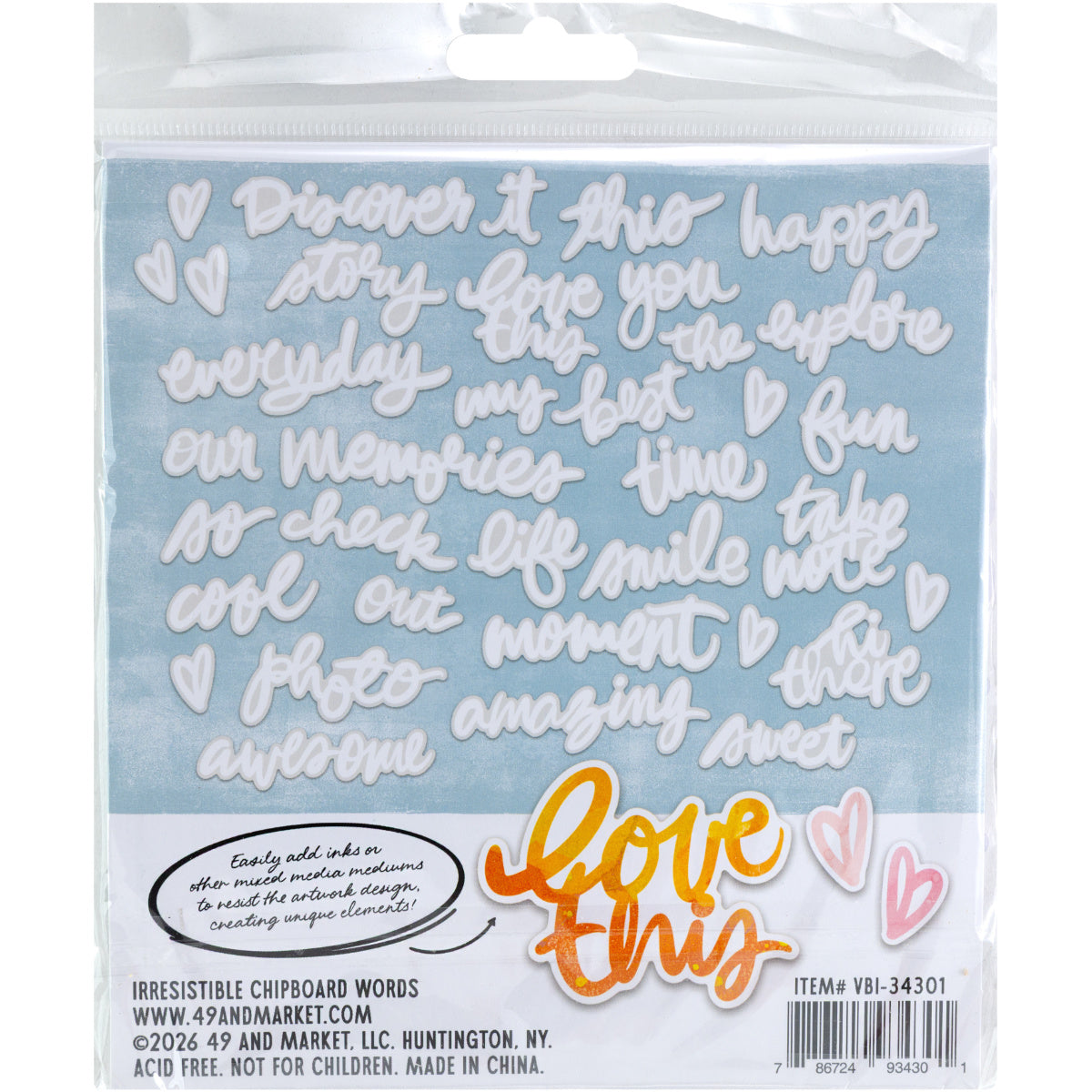 Chipboard Words - Irresistible Die Cut Shapes ... by Vicki Boutin with 49 and Market. White designs of words, phrases and hearts, printed on specialty chipboard pieces to use with resist techniques for scrapbooking, art and junk journaling, card making and mixed media. 36 (thirty six) pieces of assorted sizes, one of each design. Photo of the pack . VBI34301
