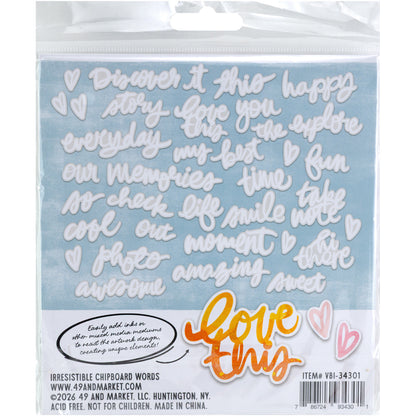 Chipboard Words - Irresistible Die Cut Shapes ... by Vicki Boutin with 49 and Market. White designs of words, phrases and hearts, printed on specialty chipboard pieces to use with resist techniques for scrapbooking, art and junk journaling, card making and mixed media. 36 (thirty six) pieces of assorted sizes, one of each design. Photo of the pack . VBI34301