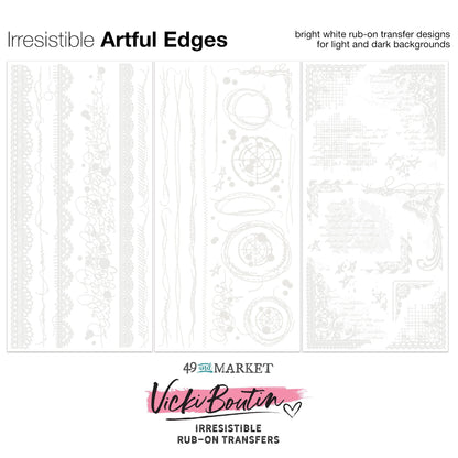 Artful Edges - Irresistible Rub-On Transfers ... by Vicki Boutin with 49 and Market. White designs of laces, scribbly writing, stitching, butterfly, starry, circles, lines and corners to use as layering or resist techniques for scrapbooking, art and junk journaling, card making and mixed media. 3 (three) sheets 12"x6" (150mm x 305mm), one of each design.

Imagine adding white designs to artwork with the simple smoosh of a bone creaser tool or stylus on light or dark paper. VBI34257