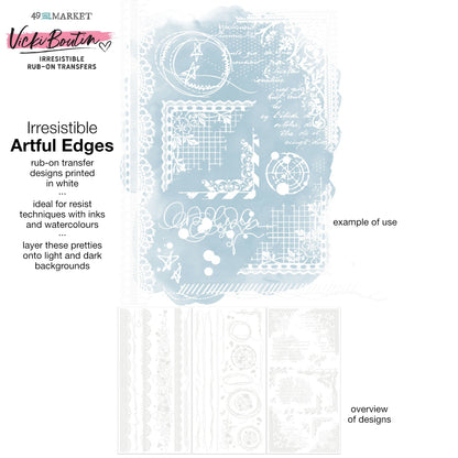 Artful Edges - Irresistible Rub-On Transfers ... by Vicki Boutin with 49 and Market. White designs of laces, scribbly writing, stitching, butterfly, starry, circles, lines and corners to use as layering or resist techniques for scrapbooking, art and junk journaling, card making and mixed media. 3 (three) sheets 12"x6" (150mm x 305mm), one of each design.

Imagine adding white designs to artwork with the simple smoosh of a bone creaser tool or stylus on light or dark paper. VBI34257