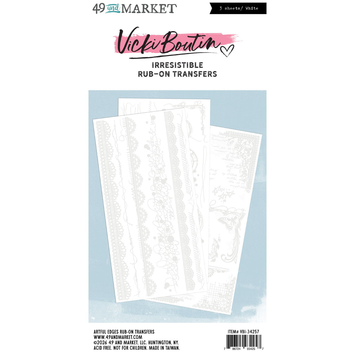 Artful Edges - Irresistible Rub-On Transfers ... by Vicki Boutin with 49 and Market. White designs of laces, scribbly writing, stitching, butterfly, starry, circles, lines and corners to use as layering or resist techniques for scrapbooking, art and junk journaling, card making and mixed media. 3 (three) sheets 12"x6" (150mm x 305mm), one of each design.

Imagine adding white designs to artwork with the simple smoosh of a bone creaser tool or stylus on light or dark paper. VBI34257