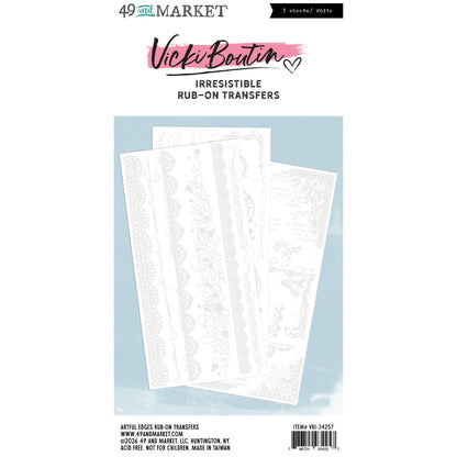 Artful Edges - Irresistible Rub-On Transfers ... by Vicki Boutin with 49 and Market. White designs of laces, scribbly writing, stitching, butterfly, starry, circles, lines and corners to use as layering or resist techniques for scrapbooking, art and junk journaling, card making and mixed media. 3 (three) sheets 12"x6" (150mm x 305mm), one of each design.

Imagine adding white designs to artwork with the simple smoosh of a bone creaser tool or stylus on light or dark paper. VBI34257