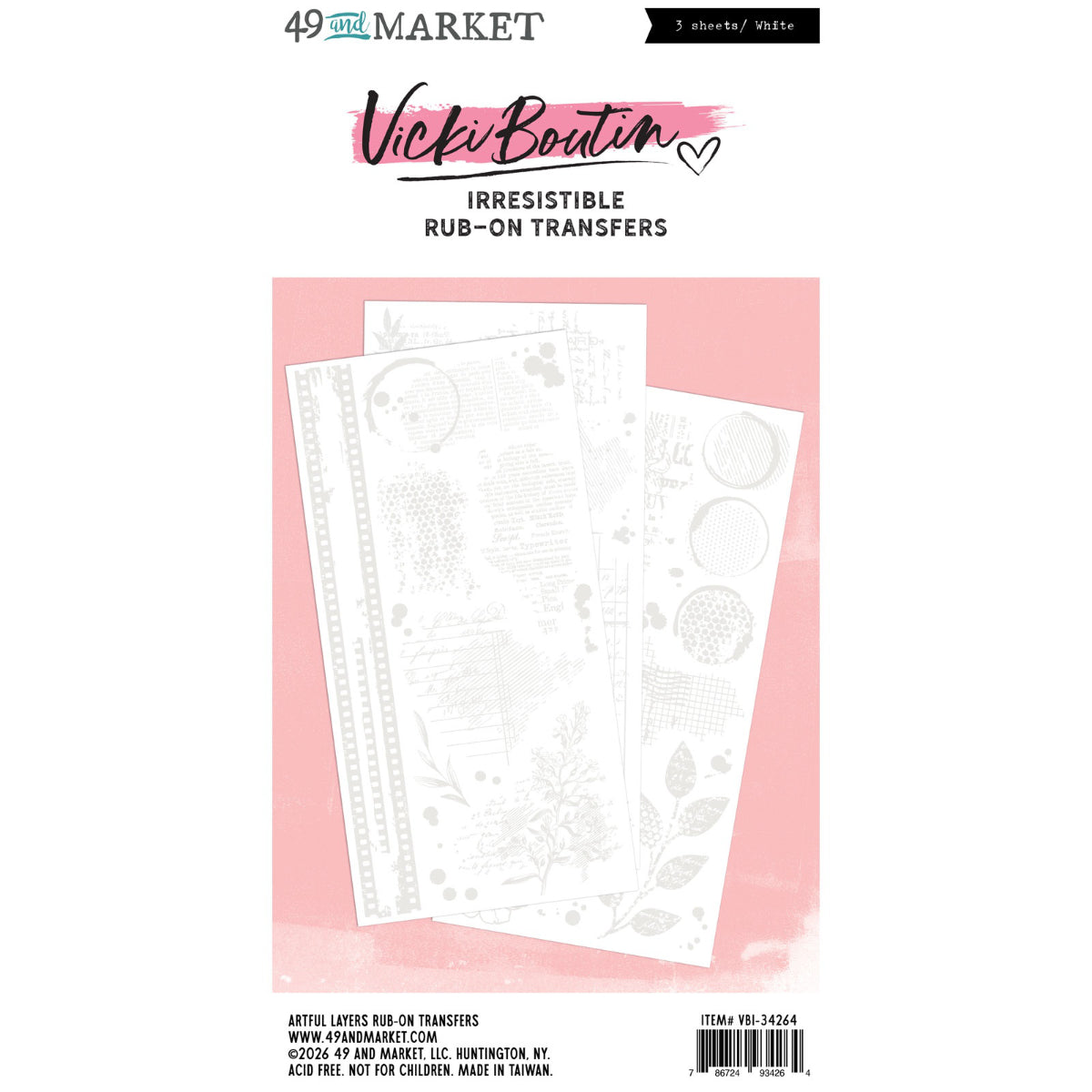 Artful Layers - Irresistible Rub-On Transfers ... by Vicki Boutin with 49 and Market. White botanical, splatters, ledgers and butterfly designs to use as layering or resist techniques for scrapbooking, art and junk journaling, card making and mixed media. 3 (three) sheets 12"x6" (150mm x 305mm), one of each design.
Imagine adding white designs to artwork with the simple smoosh of a bone creaser tool, a stylus or if you have one, Tim's Remnant Rubs Tool. Use these designs on light or dark papers. VBI34264