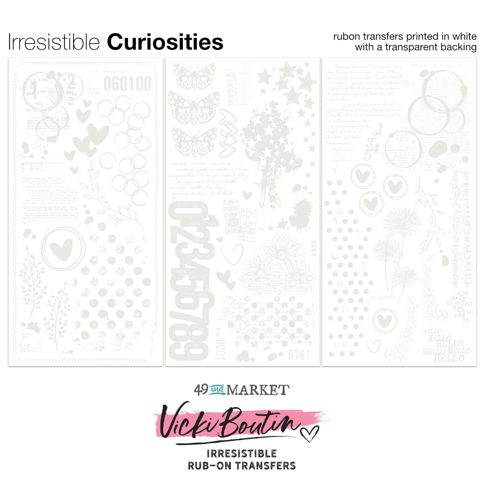Curiosities, White - Irresistible Rub-On Transfers, Willow Grove ... by Vicki Boutin with 49 and Market. 3 (three) sheets, one of each design. This beautiful collection of blendable transparent transfer sheets with white printed designs are used for scrapbooking, art and junk journaling, cardmaking, visual papercrafts. 
Perfect to use for a quick and easy resist design or layered image. Use with blending tools and your favourite ink pads to bring them to life. Picture of overview of all designs.