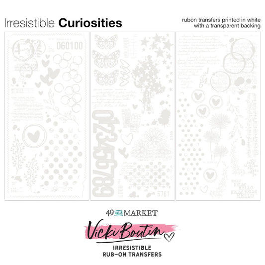 Curiosities, White - Irresistible Rub-On Transfers, Willow Grove ... by Vicki Boutin with 49 and Market. 3 (three) sheets, one of each design. This beautiful collection of blendable transparent transfer sheets with white printed designs are used for scrapbooking, art and junk journaling, cardmaking, visual papercrafts. 
Perfect to use for a quick and easy resist design or layered image. Use with blending tools and your favourite ink pads to bring them to life. Picture of overview of all designs.