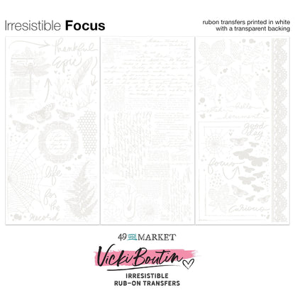 Focus, White - Irresistible Rub-On Transfers, Willow Grove ... by Vicki Boutin with 49 and Market. 3 (three) sheets, one of each design. This beautiful collection of blendable transparent transfer sheets with white printed designs of butterflies, lace, dragonfly, feathers, positivity, handwritten texts, arrows and more - used for scrapbooking, art and junk journaling, cardmaking, visual papercrafts. Perfect for resist techniques and layering. Picture of an overview of all designs.