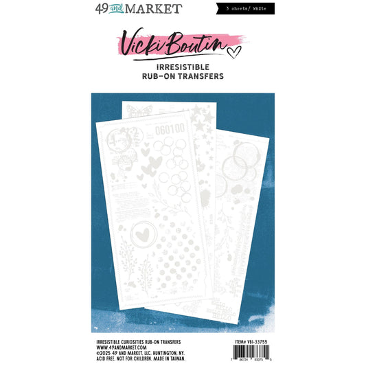 Curiosities, White - Irresistible Rub-On Transfers, Willow Grove ... by Vicki Boutin with 49 and Market. 3 (three) sheets, one of each design. This beautiful collection of blendable transparent transfer sheets with white printed designs are used for scrapbooking, art and junk journaling, cardmaking, visual papercrafts. 
Perfect to use for a quick and easy resist design or layered image. Use with blending tools and your favourite ink pads to bring them to life. Picture of packaging.
