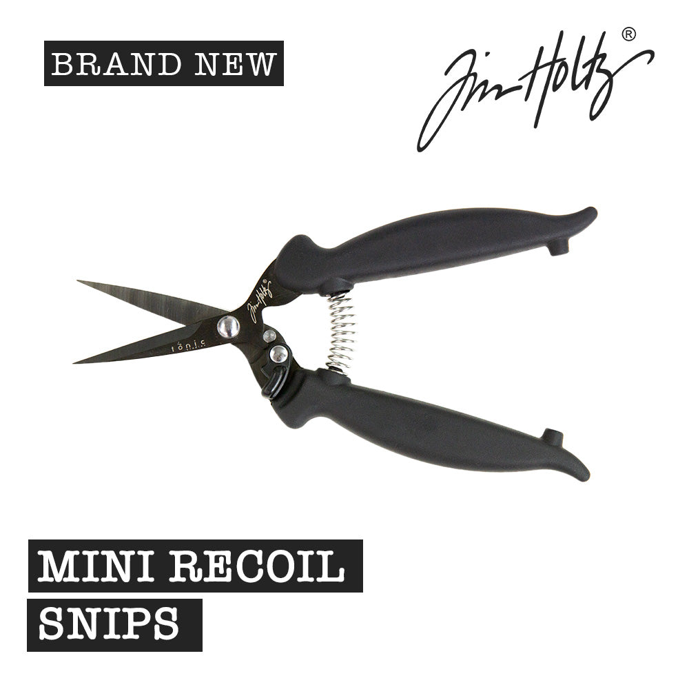 Recoil Snips, 7" Scissors - by Tim Holtz and Tonic Studios ... Titanium-coated, double-bevelled smooth sharp blades with customisable spring tension to provide a smooth precise cutting experience for both left and right handed crafters.  A fusion of ingenuity plus innovation, Tim Holtz Recoil Scissors have features specifically designed for the maker (creators, crafters, artists). Image of an open pair of Tim Holtz Tonic Studios Recoil Snips (7" scissors).