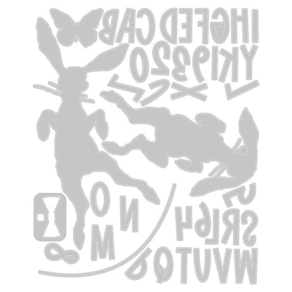 templates for Hippity Hop - from the Vault Thinlits Die Cutting Templates by Tim Holtz, made by Sizzix (no.666562). These designs cut out 2 adorable rabbits (bunnies, hares), a piece of string and an alphabet (modern narrow sans serif, uppercase with numerals). Add these wonderful and versatile designs to greeting cards, tags, off the page displays, cards, scrapbook pages, art journaling, all kinds of visual arts and papercrafts.