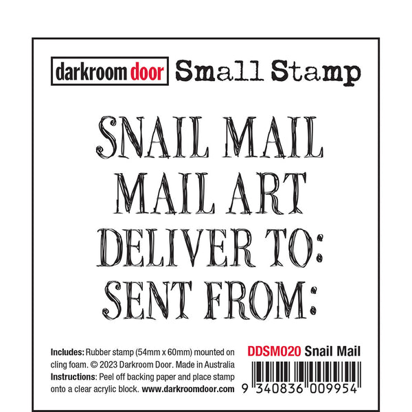 Snail Mail ... Small Stamp - by Darkroom Door (DDSM020). Cling foam mounted red rubber stamp of words and quotes over an area approx 60mm x 54mm (2.5" x 2.25"), ideal for journals, cards, memories, messages.   This useful rubber stamp features text in a rustic uppercase (capital letters) style, with each line of type approx 12mm high.   The messages in this set say ... - Snail mail - Mail art - Deliver to - Sent from.