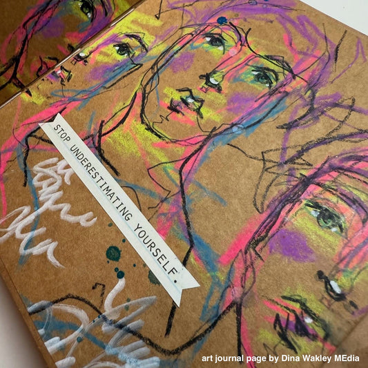 An art journal page created by Dina Wakley MEdia using Neon Scribble Sticks and inks on kraft paper surface with words from the Ledger Collage Sheets.